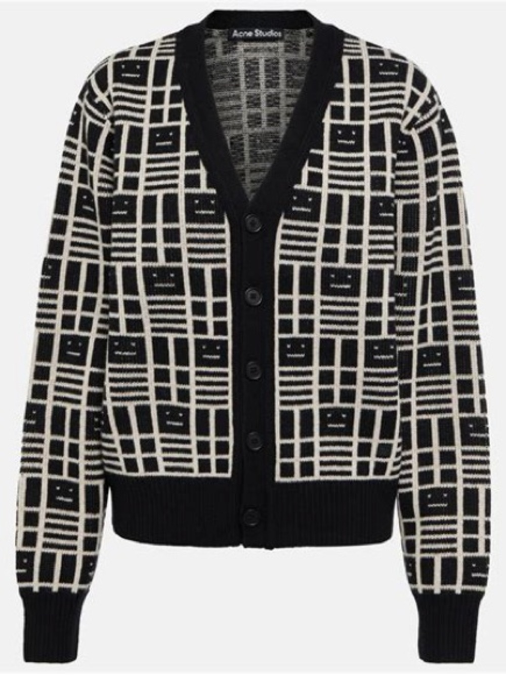 Acne Studios Checkered Face Logo V-Neck Wool Jacquard Cardigan
